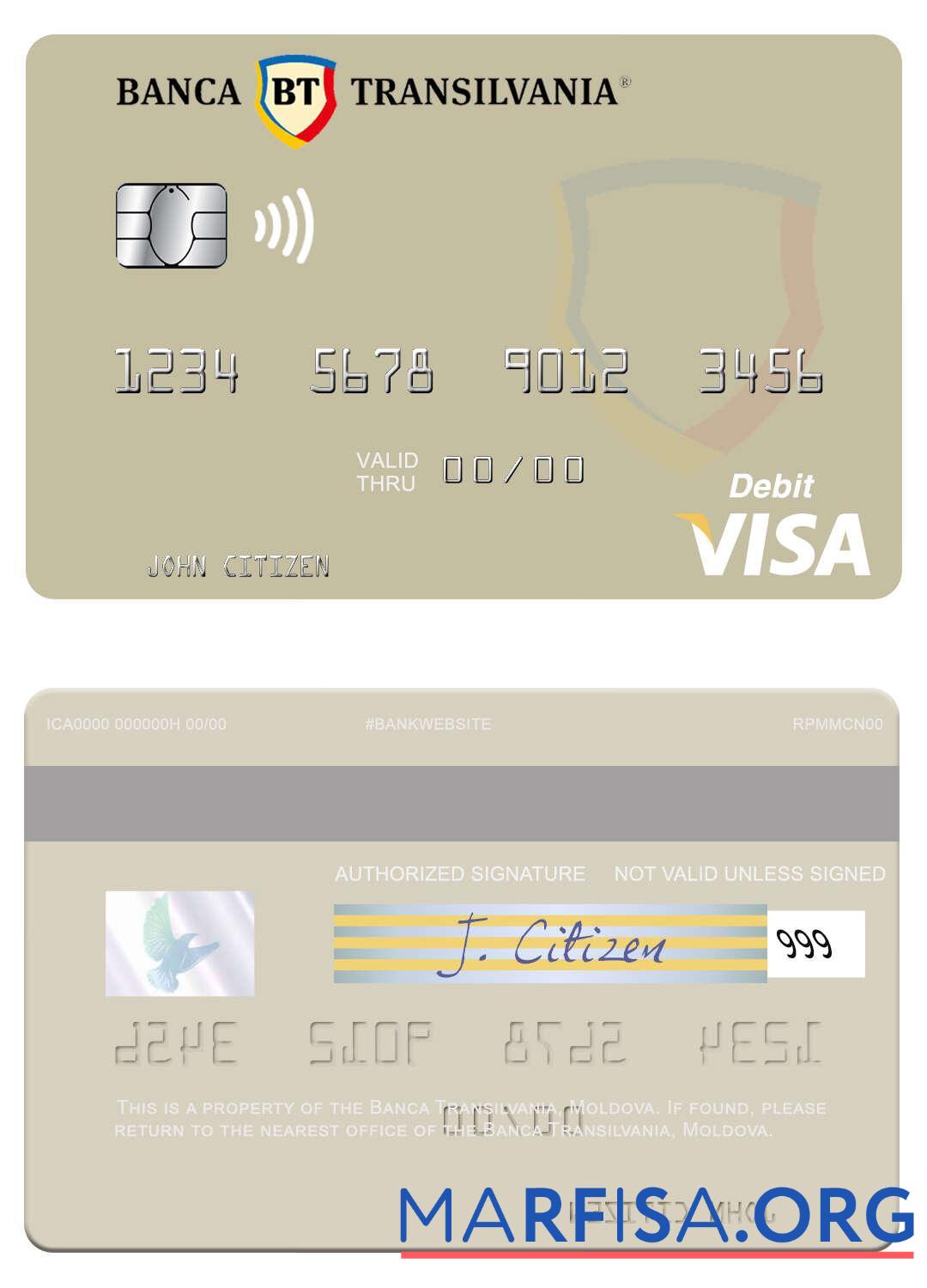 Printable Moldova Banca Transilvania visa debit card real example